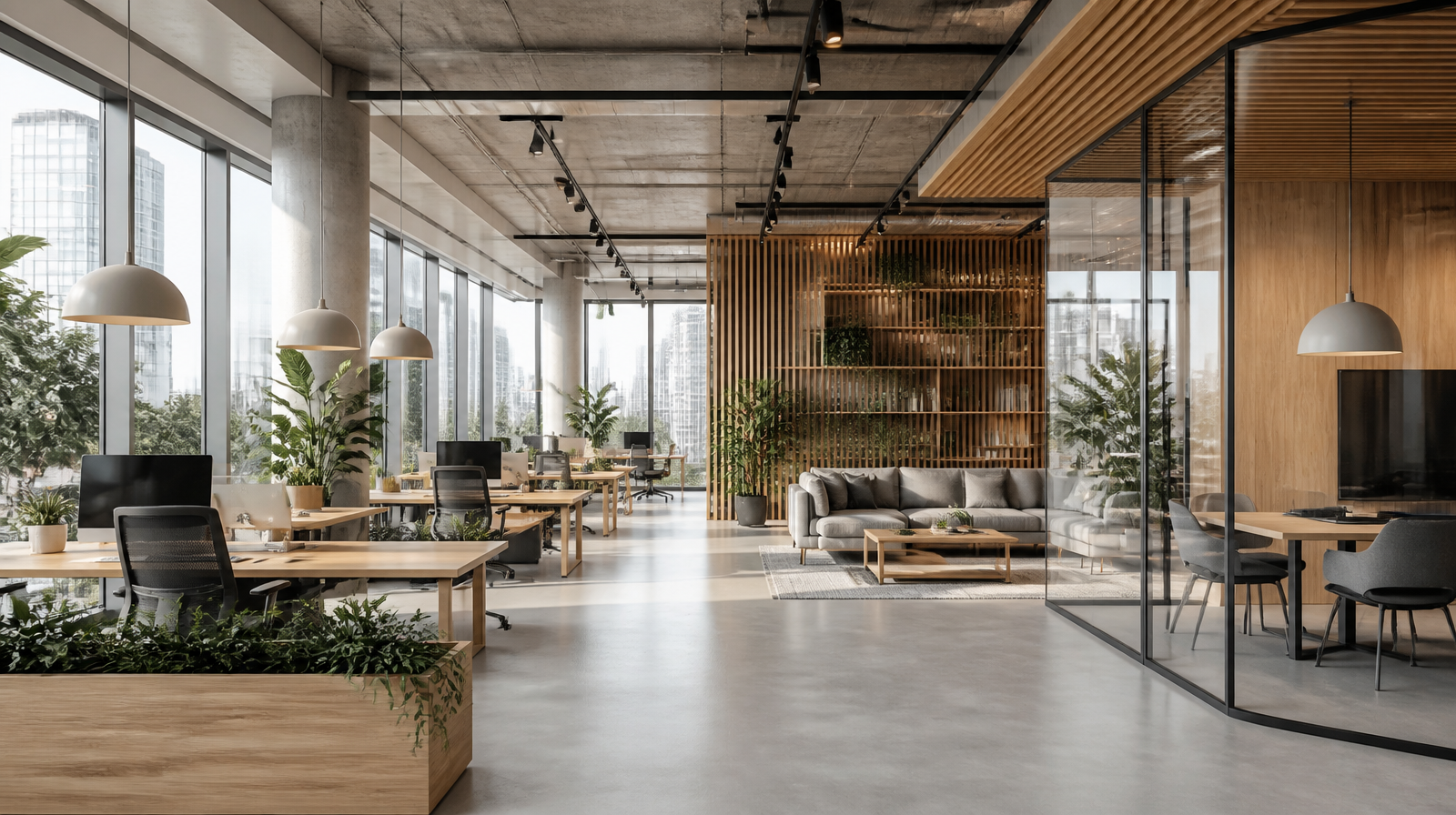 Helles, modernes Open Office mit Holzakzenten, Pflanzen und Glasfronten