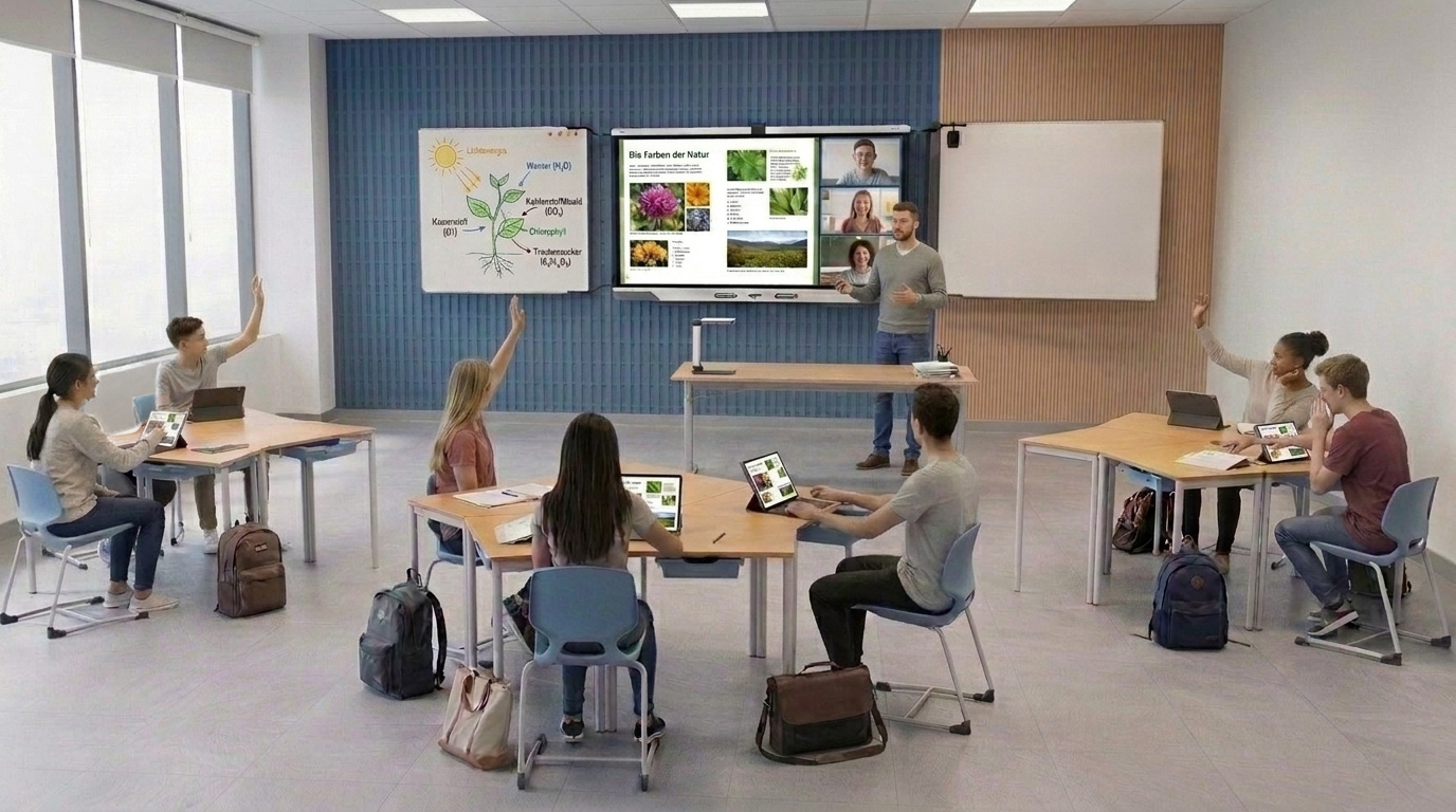 Abschlussmoment im Unterricht mit positiver Reaktion der Klasse vor dem SMART Board