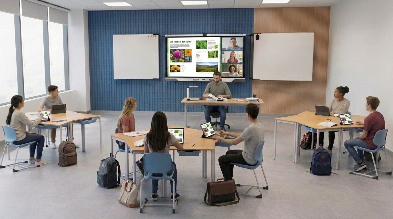 Lehrkraft arbeitet mit analogen Inhalten und groß dargestelltem Bildmaterial am SMART Board