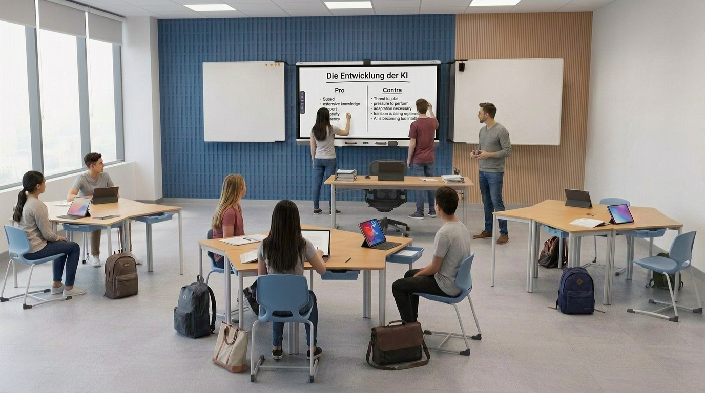 Mehrere Schülerinnen und Schüler arbeiten gleichzeitig am SMART Board zusammen
