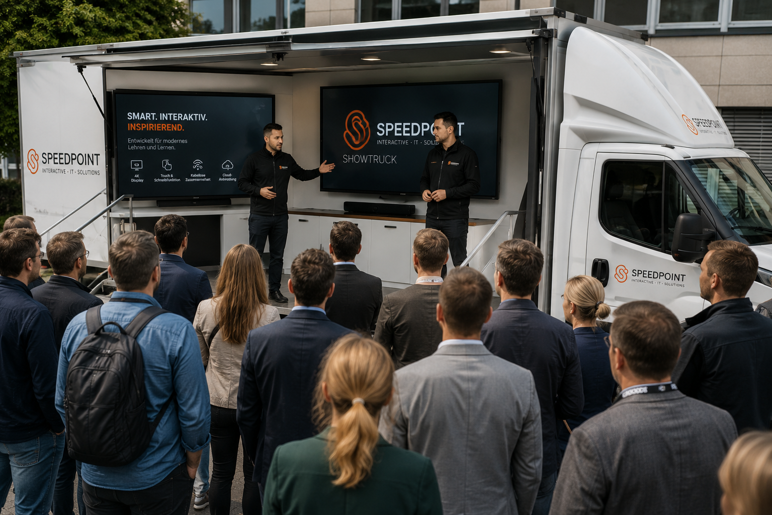 Speedpoint Showtruck mit interaktiven Displays und Trainern vor Publikum