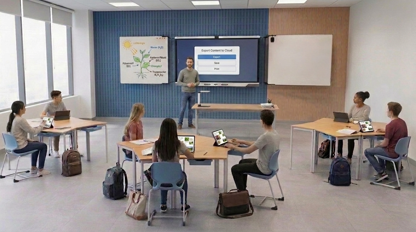 Aktive Klasse mit sichtbaren Lerninhalten auf dem SMART Board und direkter Beteiligung