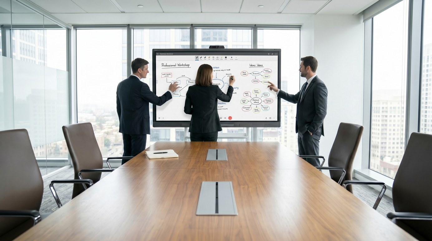 Hybrid-Meeting mit Teilnehmern im Raum und remote